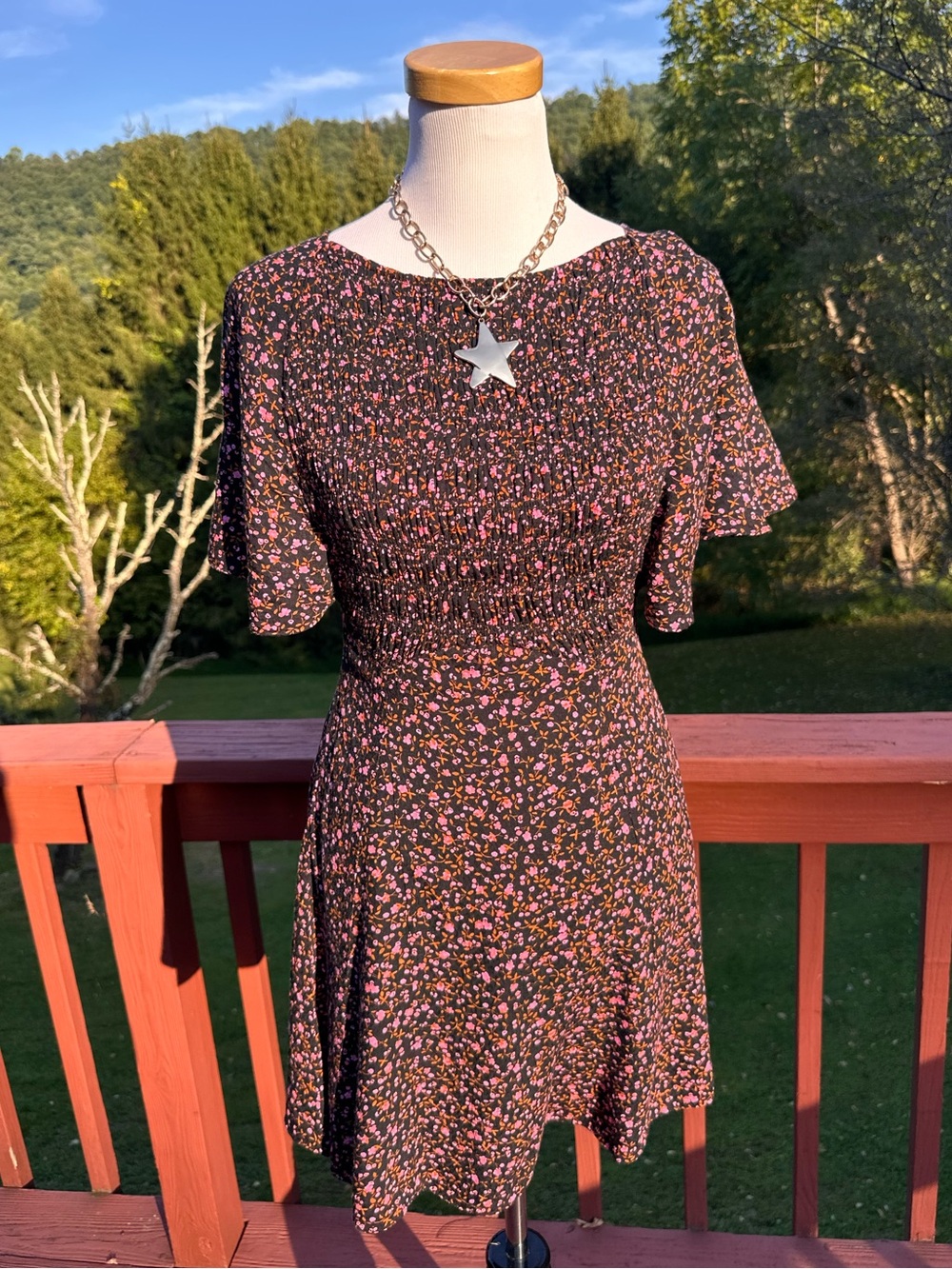 Free People Smocked Floral Tie-Back Flutter Sleeve Mini Dress